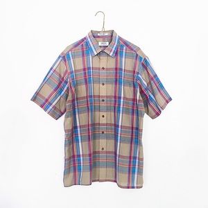 vtg 90s button down - gray pink blue plaid cotton shirt - large